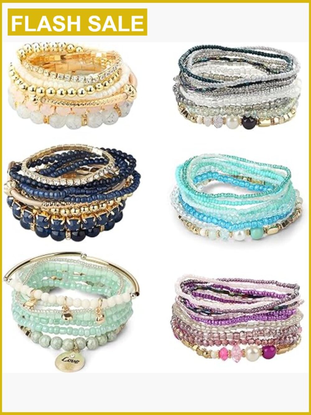 6 Sets Bohemian Stackable Stretch Beaded Bracelets Womens Multilayered Boho
